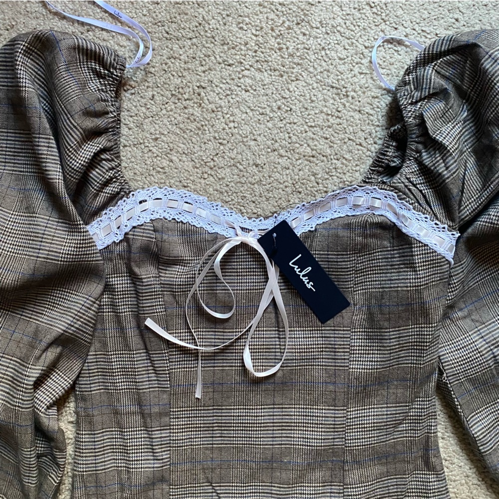 NWT Lulus tan plaid sweetheart neckline minidress lace ribbon bow puff sleeves